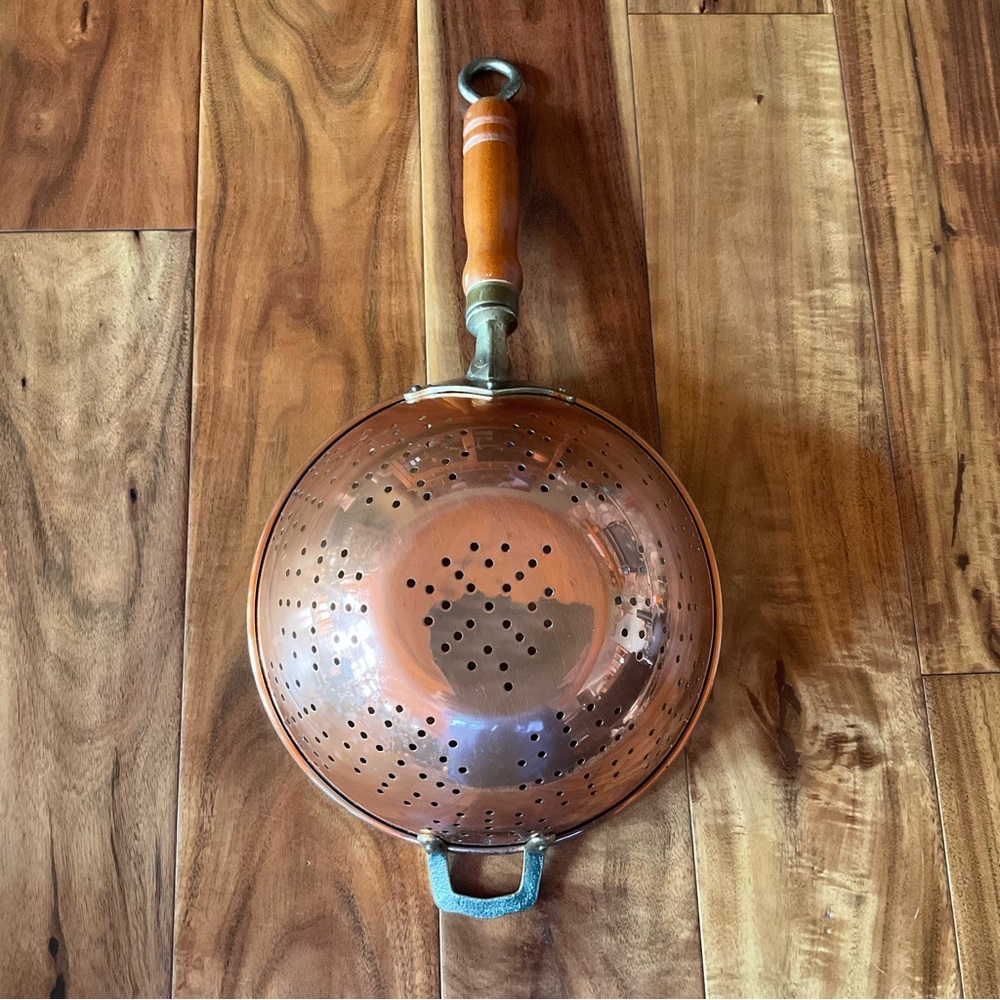 Vintage Korea Copper Colander Strainer Brass Wood Handles